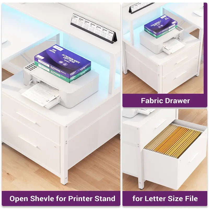 Bureau d'angle réversible Chêne gris/Marron rustique/Chêne blanc/Noir/Blanc avec support d'écran, tiroirs classeurs, bande LED RGB et station de charge, pour 1 personne