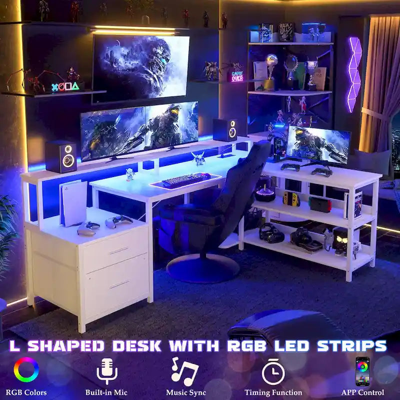 Bureau d'angle réversible Chêne gris/Marron rustique/Chêne blanc/Noir/Blanc avec support d'écran, tiroirs classeurs, bande LED RGB et station de charge, pour 1 personne