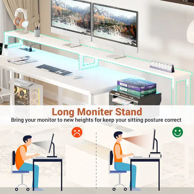 Bureau d'angle réversible Chêne gris/Marron rustique/Chêne blanc/Noir/Blanc avec support d'écran, tiroirs classeurs, bande LED RGB et station de charge, pour 1 personne