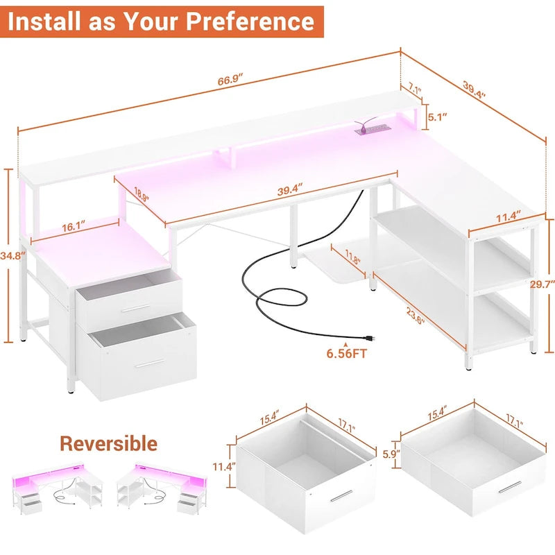 Bureau d'angle réversible Chêne gris/Marron rustique/Chêne blanc/Noir/Blanc avec support d'écran, tiroirs classeurs, bande LED RGB et station de charge, pour 1 personne