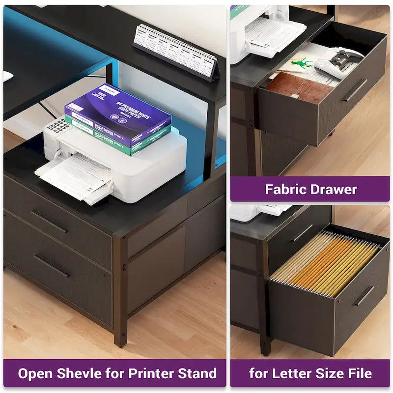Bureau d'angle réversible Chêne gris/Marron rustique/Chêne blanc/Noir/Blanc avec support d'écran, tiroirs classeurs, bande LED RGB et station de charge, pour 1 personne