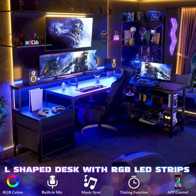 Bureau d'angle réversible Chêne gris/Marron rustique/Chêne blanc/Noir/Blanc avec support d'écran, tiroirs classeurs, bande LED RGB et station de charge, pour 1 personne