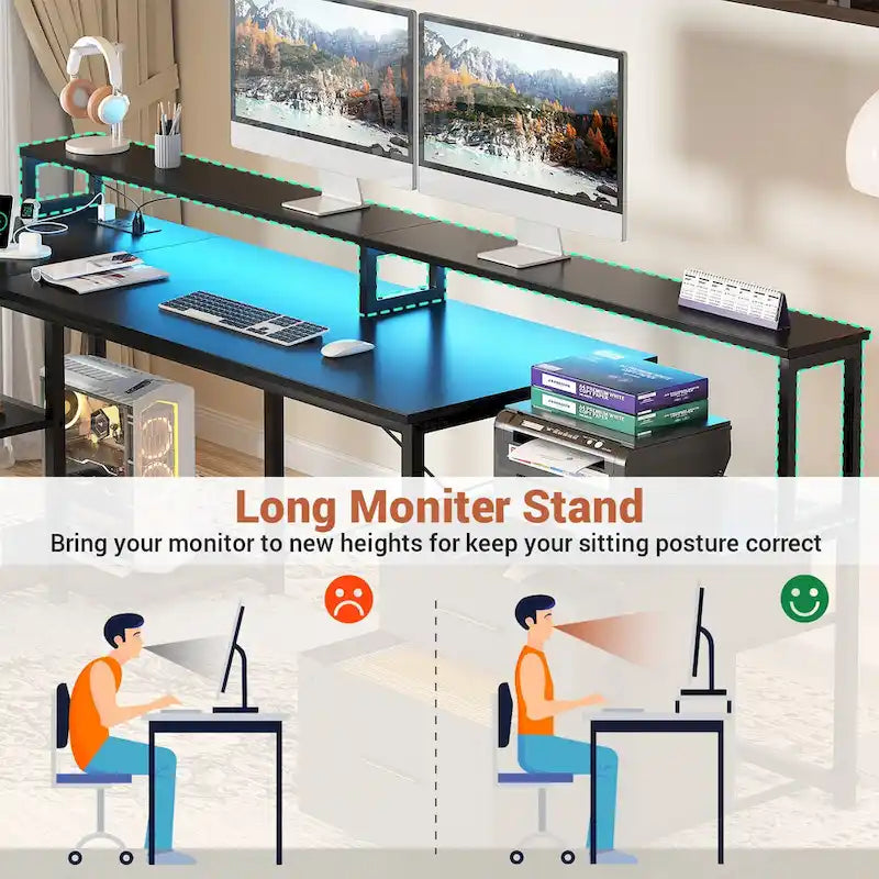 Bureau d'angle réversible Chêne gris/Marron rustique/Chêne blanc/Noir/Blanc avec support d'écran, tiroirs classeurs, bande LED RGB et station de charge, pour 1 personne