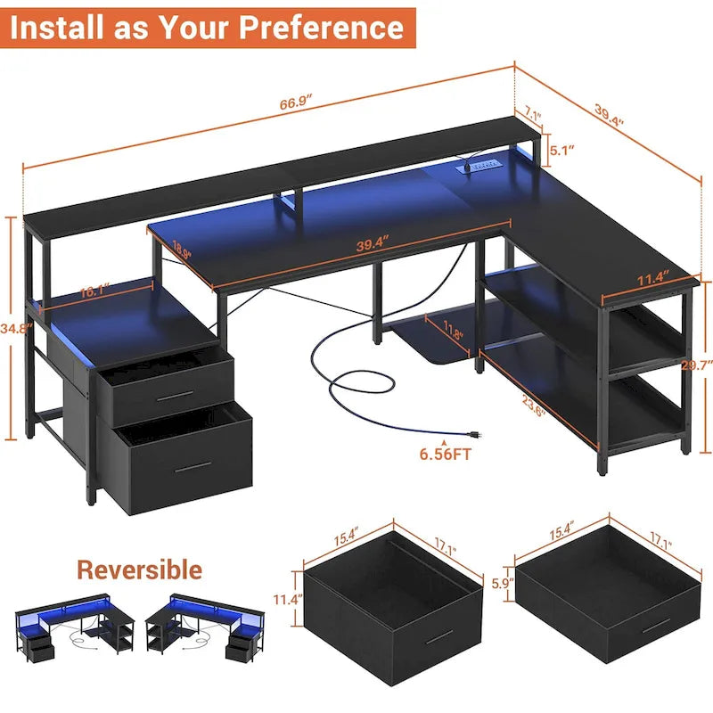 Bureau d'angle réversible Chêne gris/Marron rustique/Chêne blanc/Noir/Blanc avec support d'écran, tiroirs classeurs, bande LED RGB et station de charge, pour 1 personne