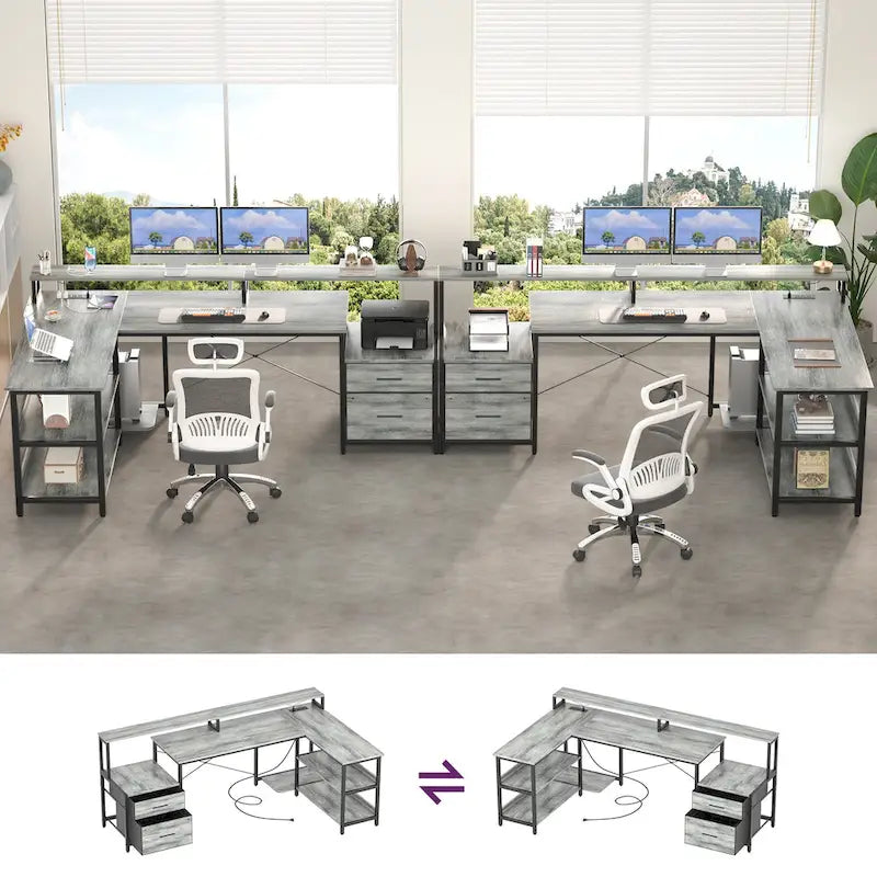 Bureau d'angle réversible Chêne gris/Marron rustique/Chêne blanc/Noir/Blanc avec support d'écran, tiroirs classeurs, bande LED RGB et station de charge, pour 1 personne