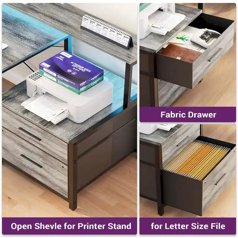 Bureau d'angle réversible Chêne gris/Marron rustique/Chêne blanc/Noir/Blanc avec support d'écran, tiroirs classeurs, bande LED RGB et station de charge, pour 1 personne