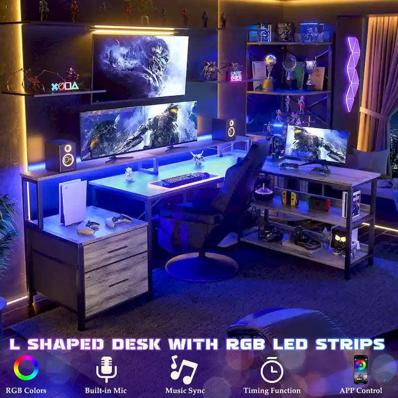 Bureau d'angle réversible Chêne gris/Marron rustique/Chêne blanc/Noir/Blanc avec support d'écran, tiroirs classeurs, bande LED RGB et station de charge, pour 1 personne