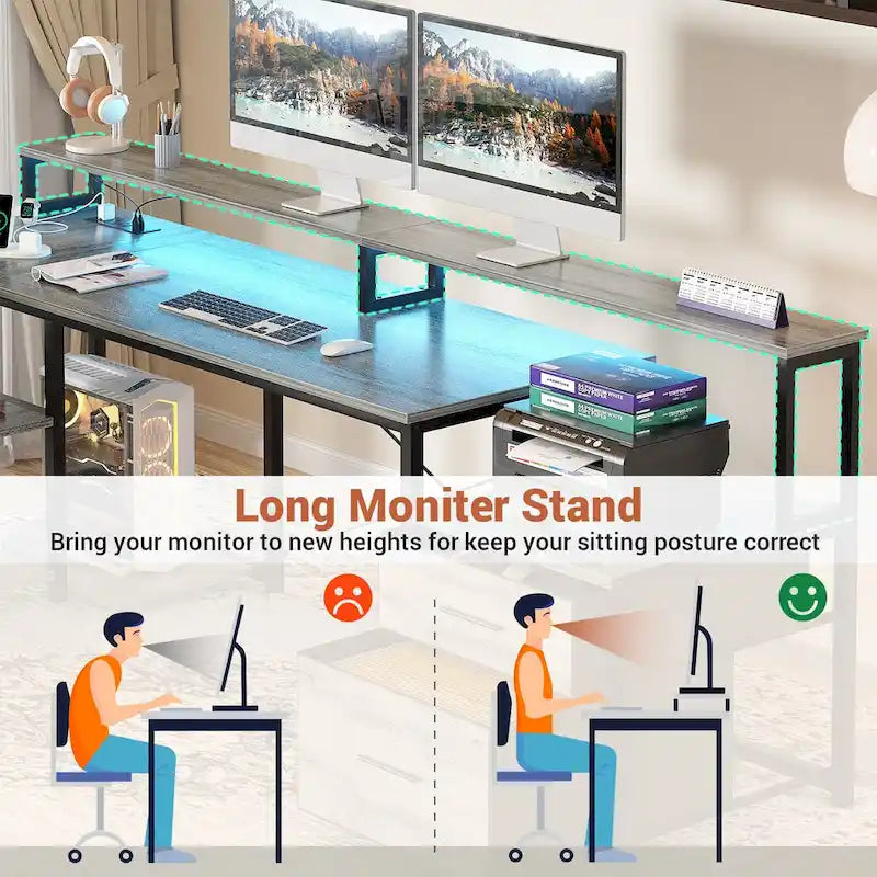 Bureau d'angle réversible Chêne gris/Marron rustique/Chêne blanc/Noir/Blanc avec support d'écran, tiroirs classeurs, bande LED RGB et station de charge, pour 1 personne