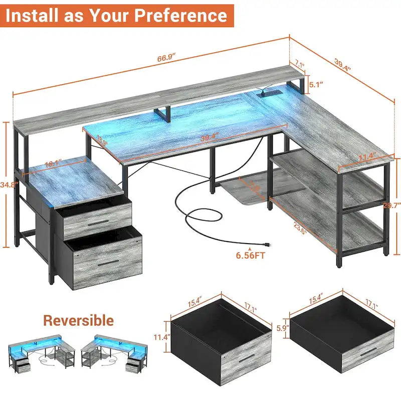 Bureau d'angle réversible Chêne gris/Marron rustique/Chêne blanc/Noir/Blanc avec support d'écran, tiroirs classeurs, bande LED RGB et station de charge, pour 1 personne