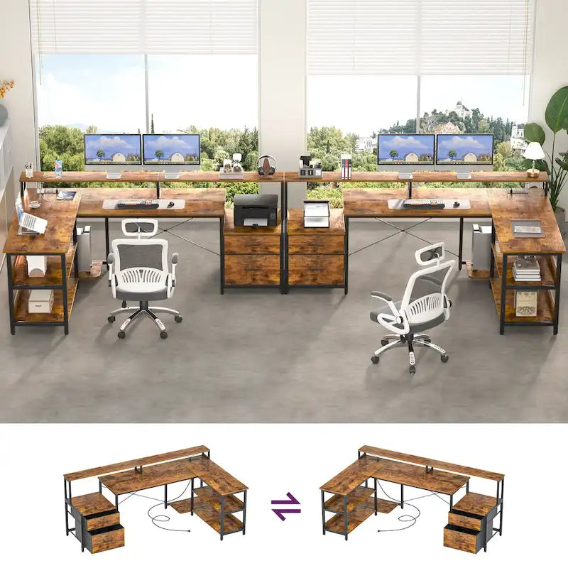 Bureau d'angle réversible Chêne gris/Marron rustique/Chêne blanc/Noir/Blanc avec support d'écran, tiroirs classeurs, bande LED RGB et station de charge, pour 1 personne