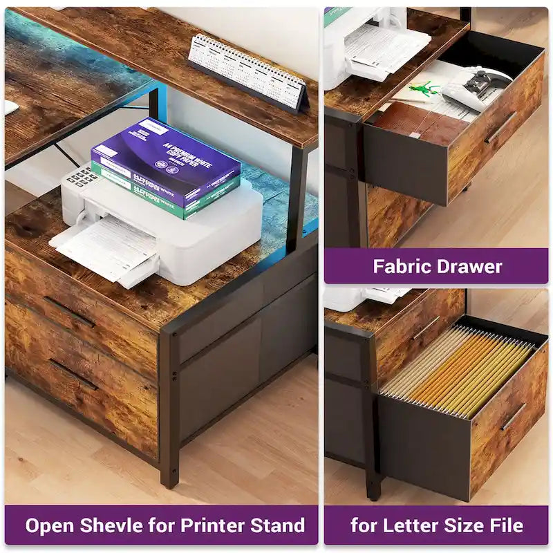 Bureau d'angle réversible Chêne gris/Marron rustique/Chêne blanc/Noir/Blanc avec support d'écran, tiroirs classeurs, bande LED RGB et station de charge, pour 1 personne