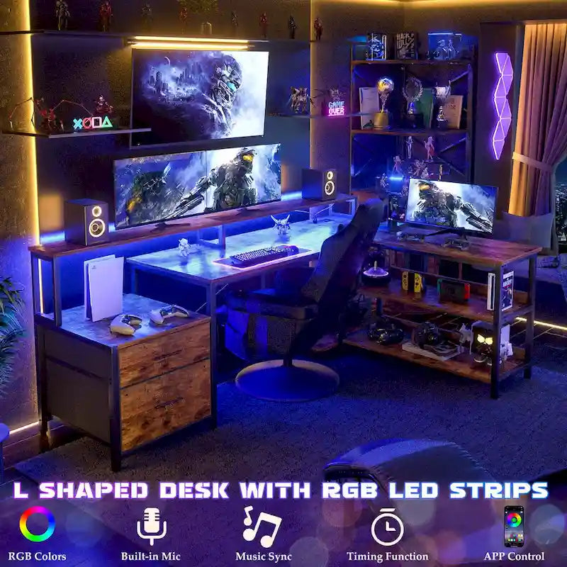 Bureau d'angle réversible Chêne gris/Marron rustique/Chêne blanc/Noir/Blanc avec support d'écran, tiroirs classeurs, bande LED RGB et station de charge, pour 1 personne