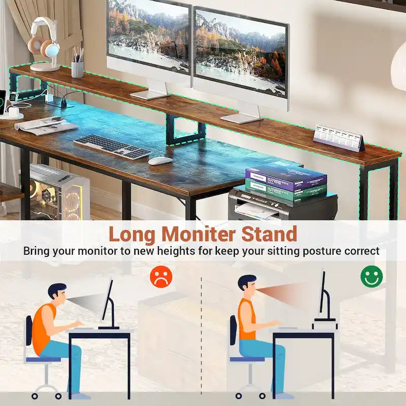 Bureau d'angle réversible Chêne gris/Marron rustique/Chêne blanc/Noir/Blanc avec support d'écran, tiroirs classeurs, bande LED RGB et station de charge, pour 1 personne