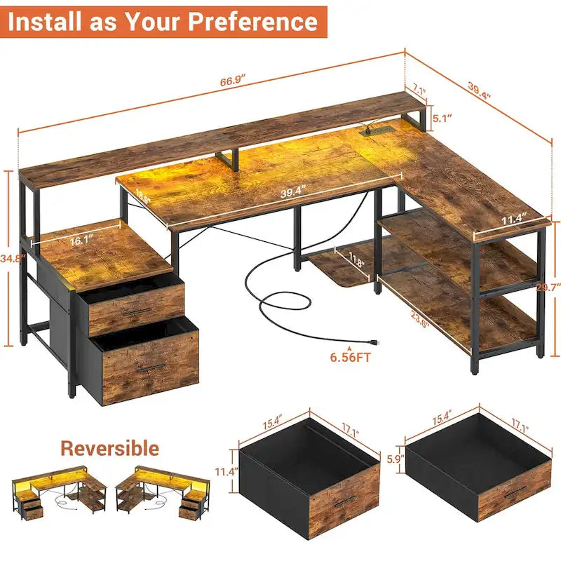 Bureau d'angle réversible Chêne gris/Marron rustique/Chêne blanc/Noir/Blanc avec support d'écran, tiroirs classeurs, bande LED RGB et station de charge, pour 1 personne