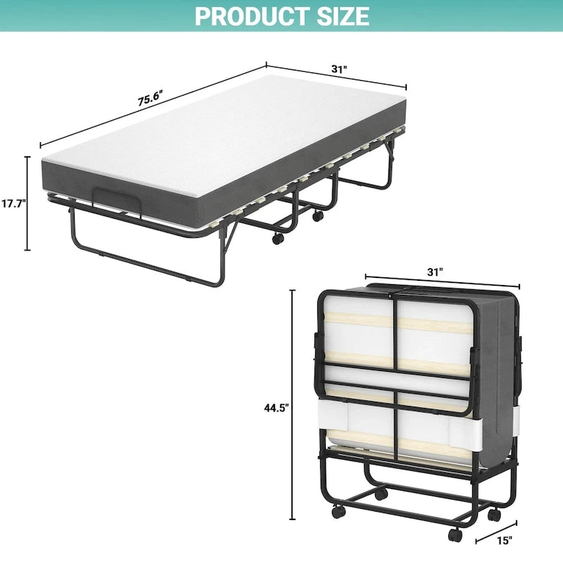 Lit pliant escamotable noir avec matelas en mousse à mémoire de forme, simple, 1 place