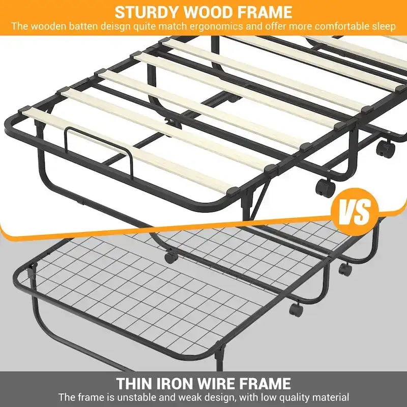 Lit pliant escamotable noir avec matelas en mousse à mémoire de forme, simple, 1 place