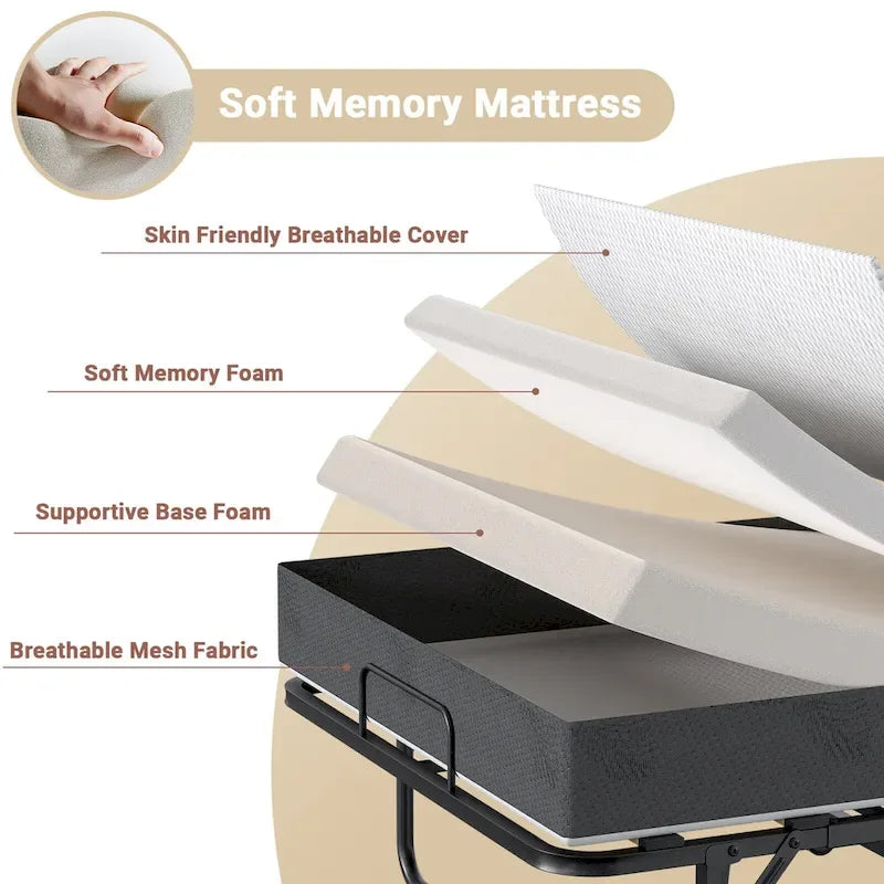 Lit pliant escamotable noir avec matelas en mousse à mémoire de forme, simple, 1 place