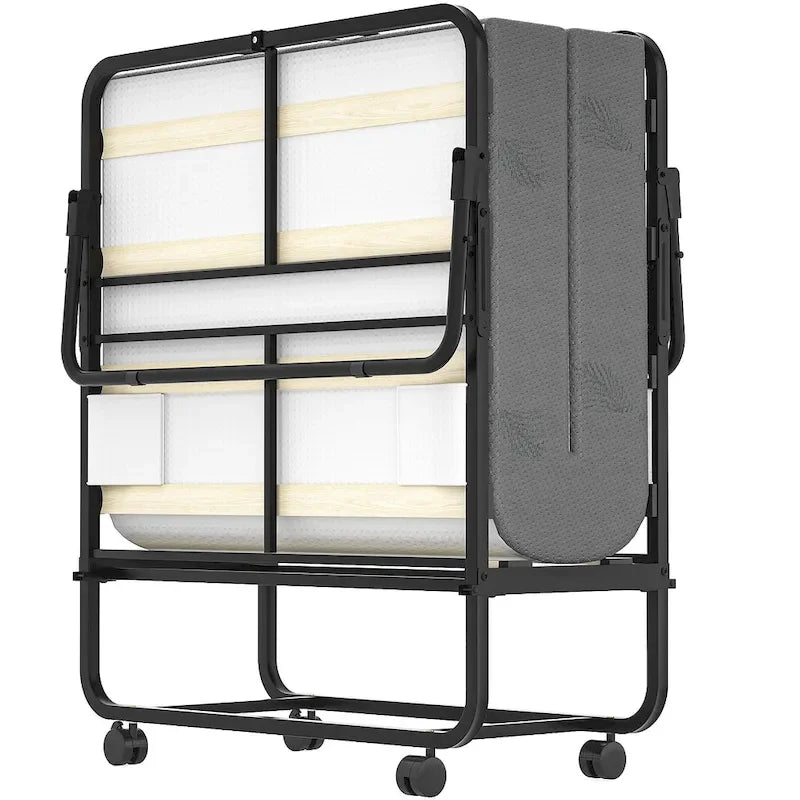 Lit pliant escamotable noir avec matelas en mousse à mémoire de forme, simple, 1 place