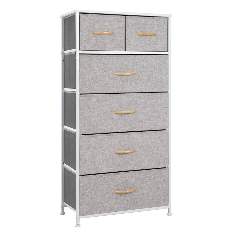 Commode combinée à 6 tiroirs avec portes d'armoire et tringle de suspension, Gris-Blanc/Brun/Gris-Noir