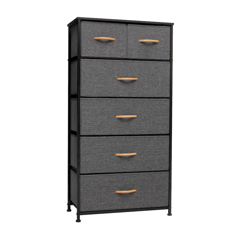 Commode combinée à 6 tiroirs avec portes d'armoire et tringle de suspension, Gris-Blanc/Brun/Gris-Noir