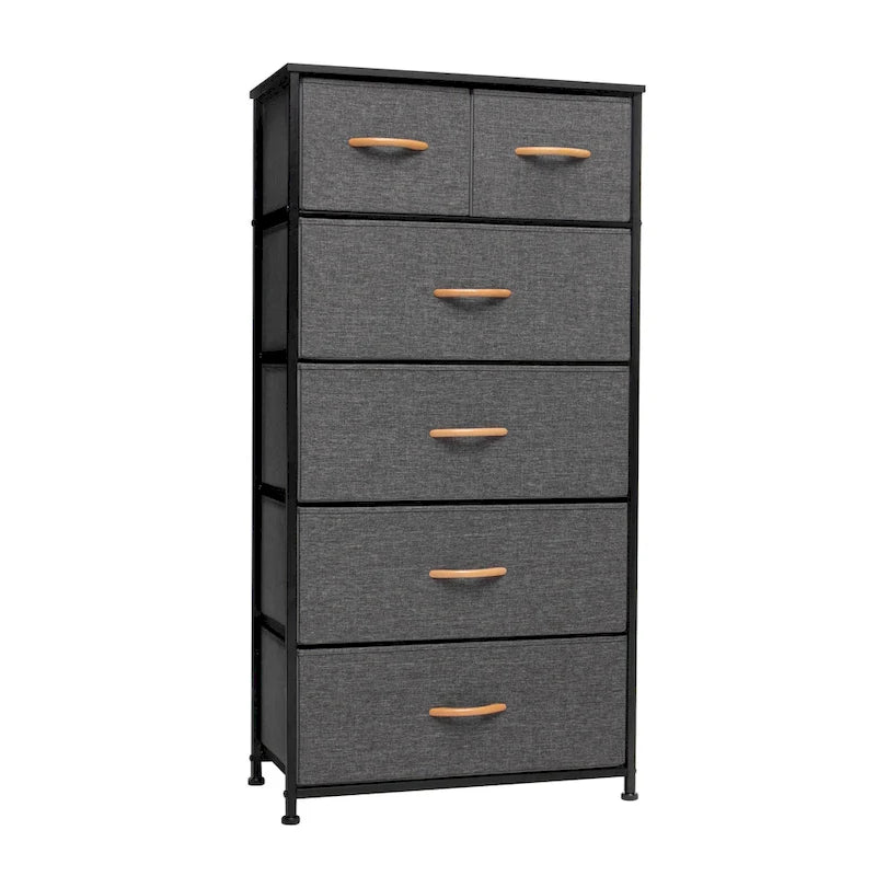 Commode combinée à 6 tiroirs avec portes d'armoire et tringle de suspension, Gris-Blanc/Brun/Gris-Noir