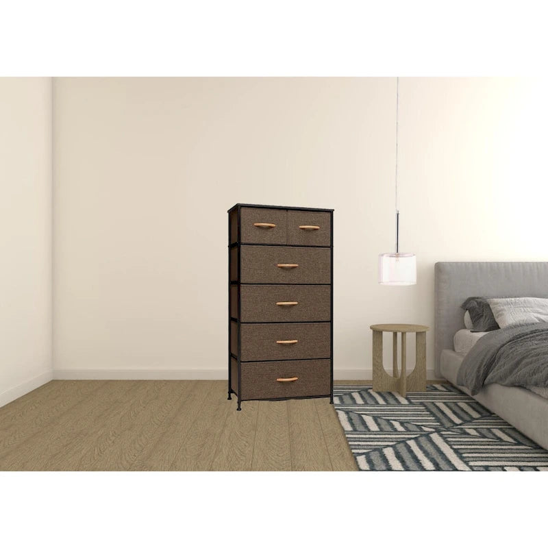 Commode combinée à 6 tiroirs avec portes d'armoire et tringle de suspension, Gris-Blanc/Brun/Gris-Noir