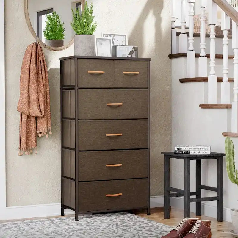 Commode combinée à 6 tiroirs avec portes d'armoire et tringle de suspension, Gris-Blanc/Brun/Gris-Noir