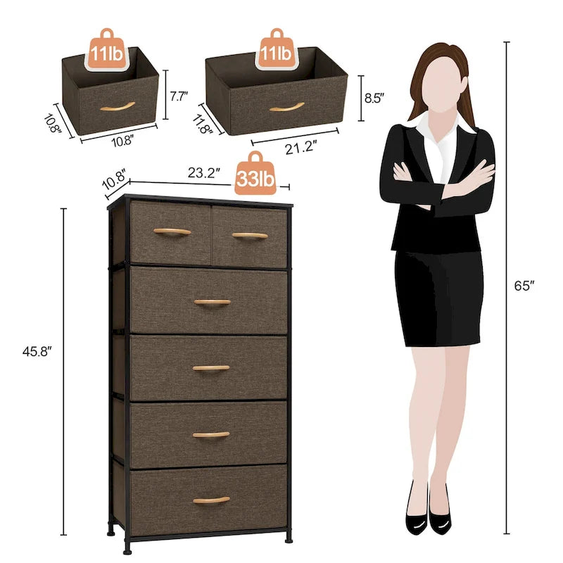Commode combinée à 6 tiroirs avec portes d'armoire et tringle de suspension, Gris-Blanc/Brun/Gris-Noir