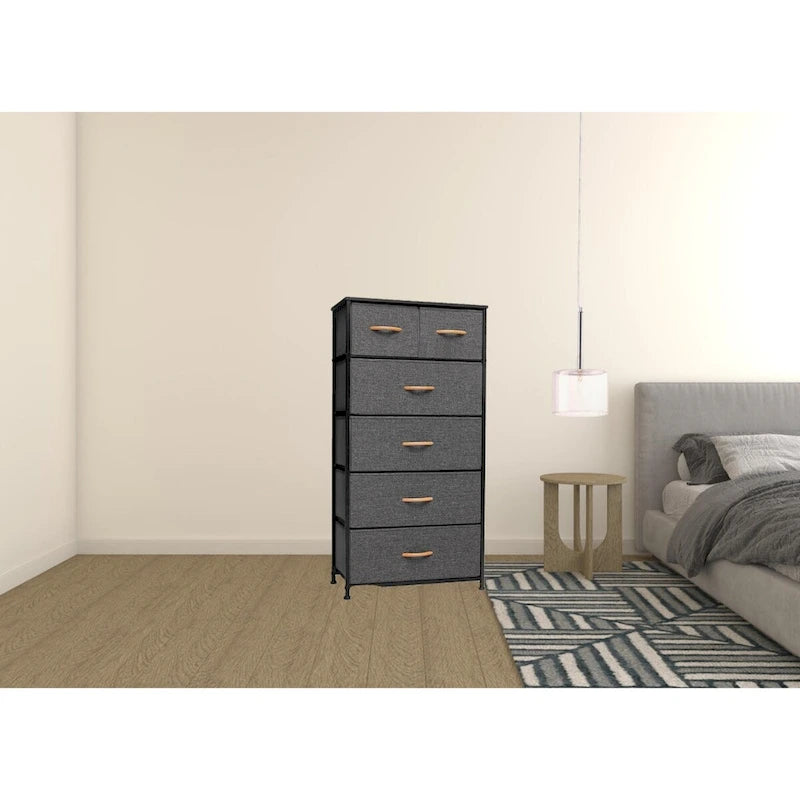 Commode combinée à 6 tiroirs avec portes d'armoire et tringle de suspension, Gris-Blanc/Brun/Gris-Noir