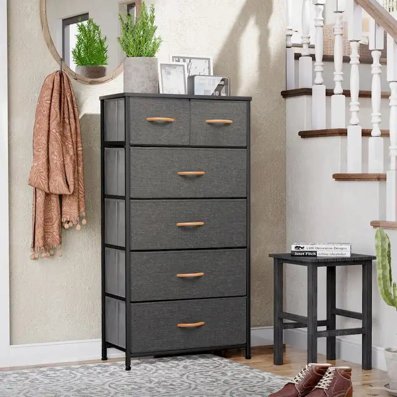Commode combinée à 6 tiroirs avec portes d'armoire et tringle de suspension, Gris-Blanc/Brun/Gris-Noir