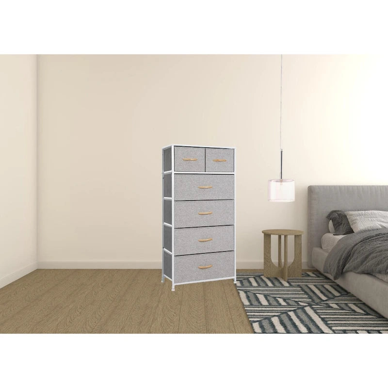 Commode combinée à 6 tiroirs avec portes d'armoire et tringle de suspension, Gris-Blanc/Brun/Gris-Noir