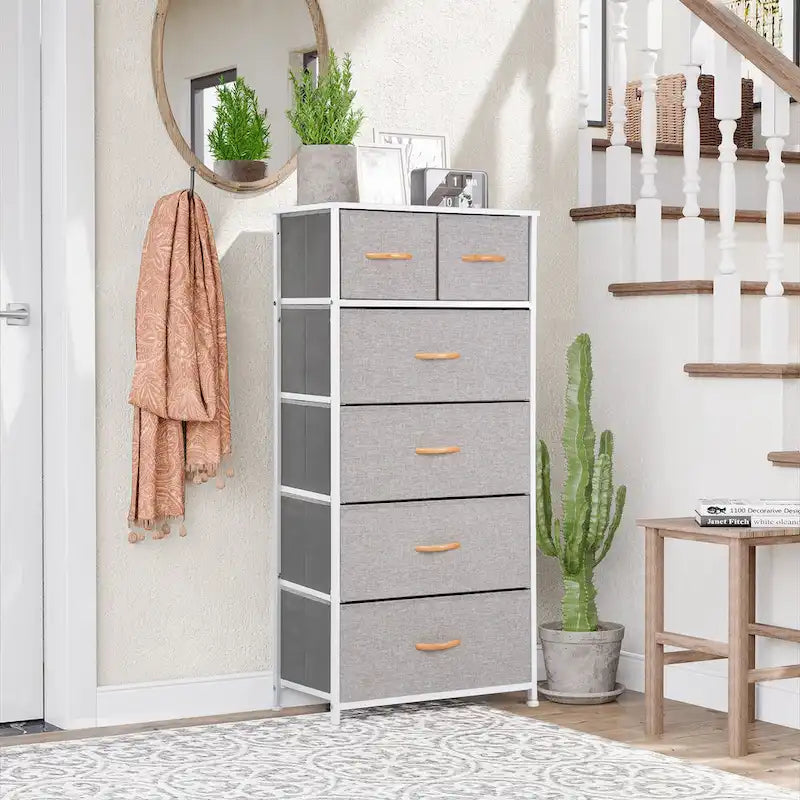Commode combinée à 6 tiroirs avec portes d'armoire et tringle de suspension, Gris-Blanc/Brun/Gris-Noir
