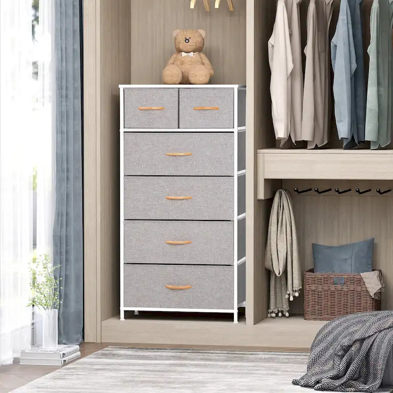 Commode combinée à 6 tiroirs avec portes d'armoire et tringle de suspension, Gris-Blanc/Brun/Gris-Noir