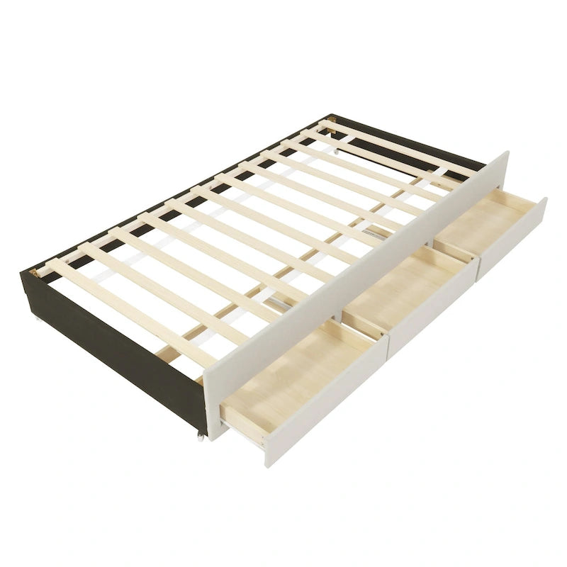 Lit plateforme rembourré en lin beige/gris avec tête de lit à rayures, lit gigogne et 3 tiroirs, Lit jumeau (1 personne) / Lit double (2 personnes)