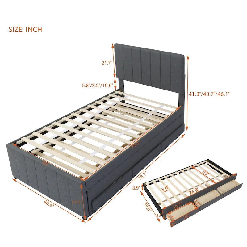 Lit plateforme rembourré en lin beige/gris avec tête de lit à rayures, lit gigogne et 3 tiroirs, Lit jumeau (1 personne) / Lit double (2 personnes)