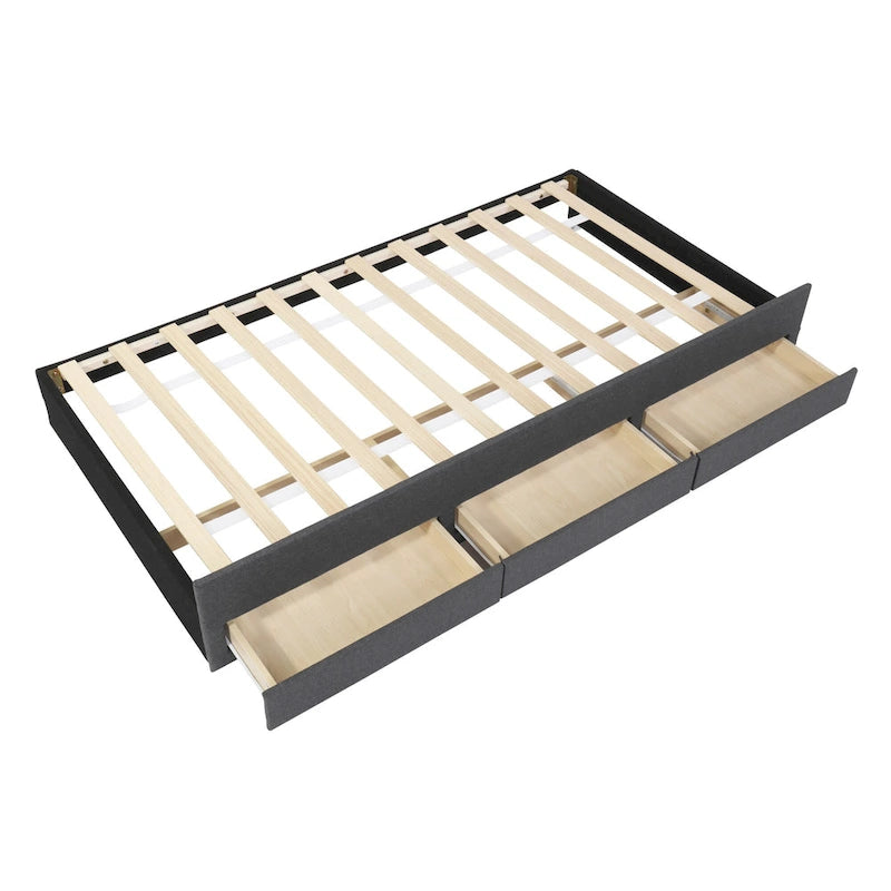 Lit plateforme rembourré en lin beige/gris avec tête de lit à rayures, lit gigogne et 3 tiroirs, Lit jumeau (1 personne) / Lit double (2 personnes)
