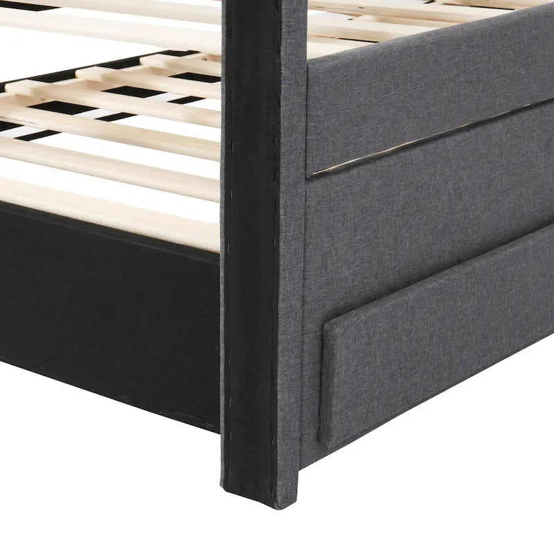 Lit plateforme rembourré en lin beige/gris avec tête de lit à rayures, lit gigogne et 3 tiroirs, Lit jumeau (1 personne) / Lit double (2 personnes)