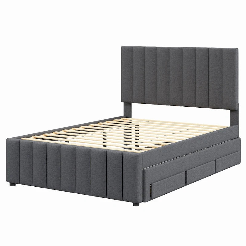 Lit plateforme rembourré en lin beige/gris avec tête de lit à rayures, lit gigogne et 3 tiroirs, Lit jumeau (1 personne) / Lit double (2 personnes)