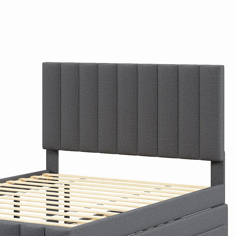 Lit plateforme rembourré en lin beige/gris avec tête de lit à rayures, lit gigogne et 3 tiroirs, Lit jumeau (1 personne) / Lit double (2 personnes)