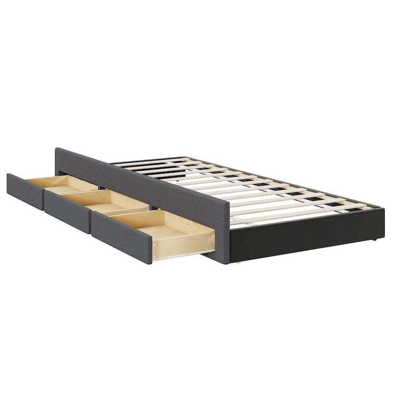 Lit plateforme rembourré en lin beige/gris avec tête de lit à rayures, lit gigogne et 3 tiroirs, Lit jumeau (1 personne) / Lit double (2 personnes)