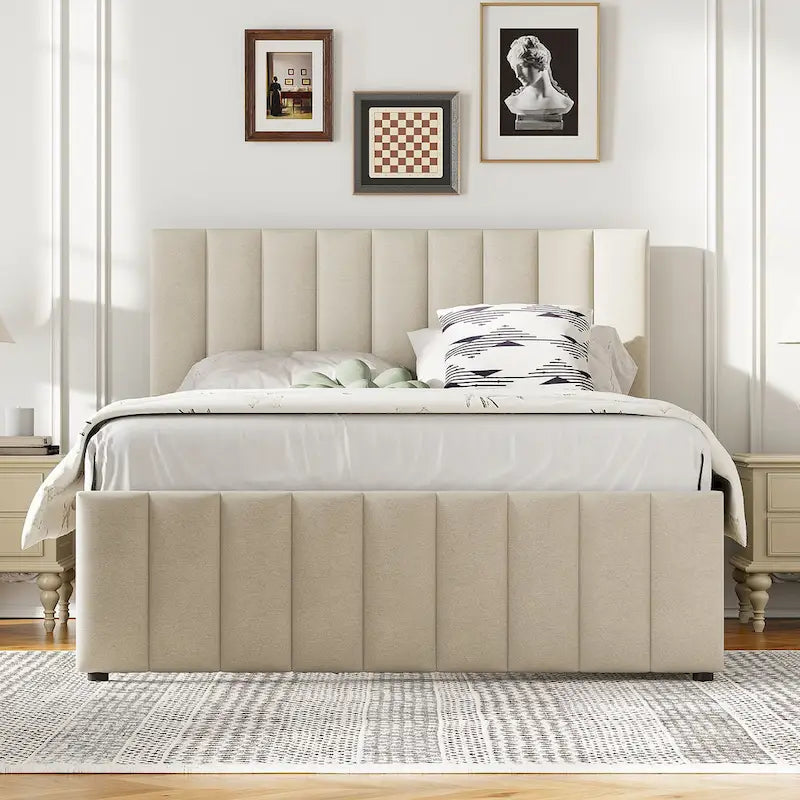 Lit plateforme rembourré en lin beige/gris avec tête de lit à rayures, lit gigogne et 3 tiroirs, Lit jumeau (1 personne) / Lit double (2 personnes)