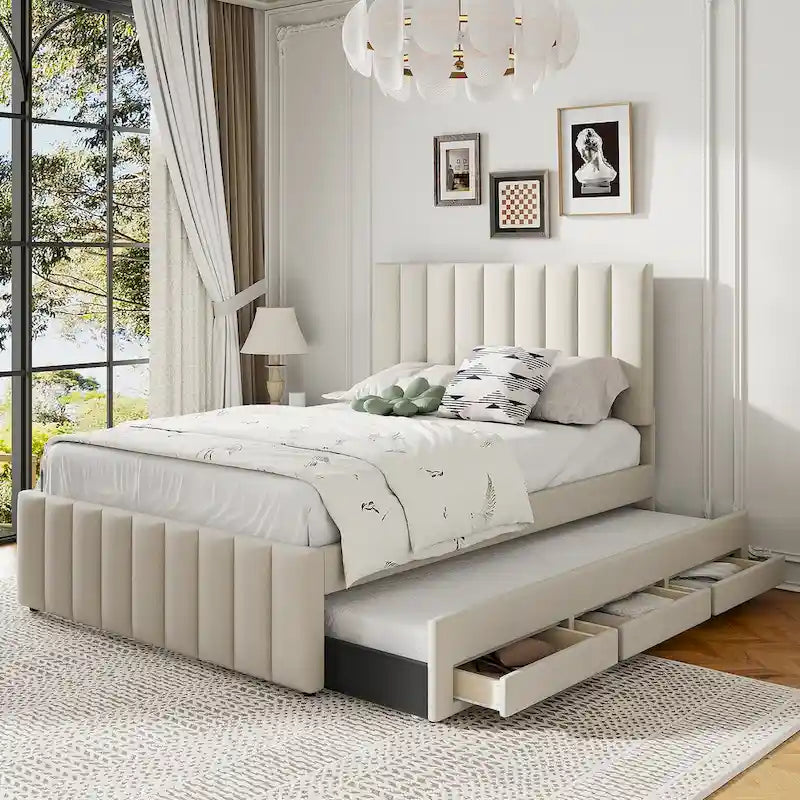 Lit plateforme rembourré en lin beige/gris avec tête de lit à rayures, lit gigogne et 3 tiroirs, Lit jumeau (1 personne) / Lit double (2 personnes)