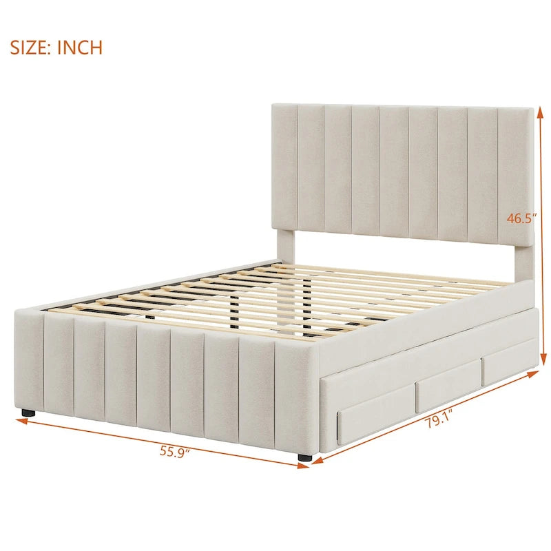 Lit plateforme rembourré en lin beige/gris avec tête de lit à rayures, lit gigogne et 3 tiroirs, Lit jumeau (1 personne) / Lit double (2 personnes)