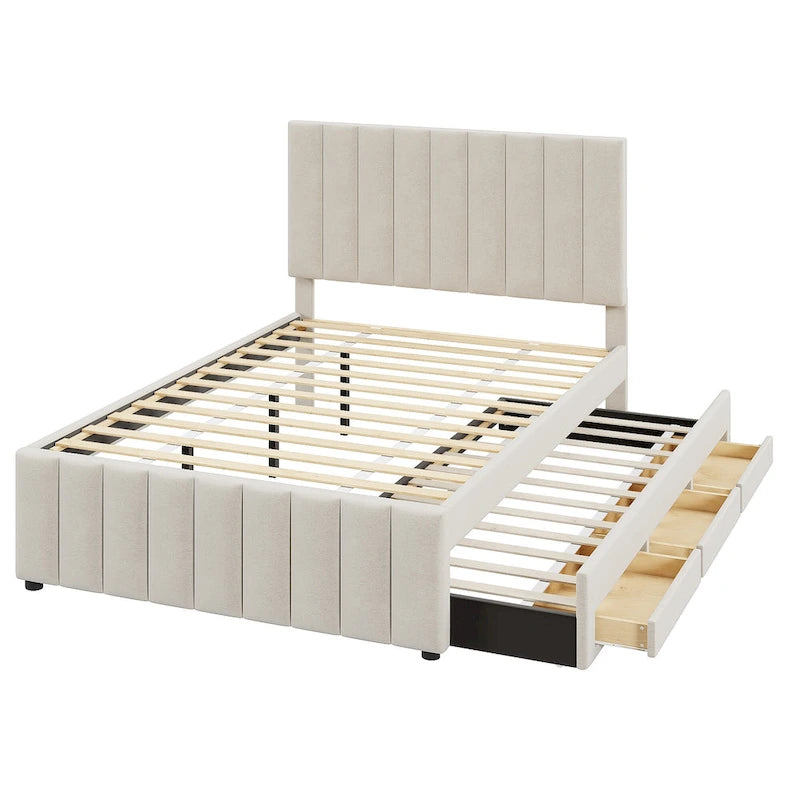 Lit plateforme rembourré en lin beige/gris avec tête de lit à rayures, lit gigogne et 3 tiroirs, Lit jumeau (1 personne) / Lit double (2 personnes)