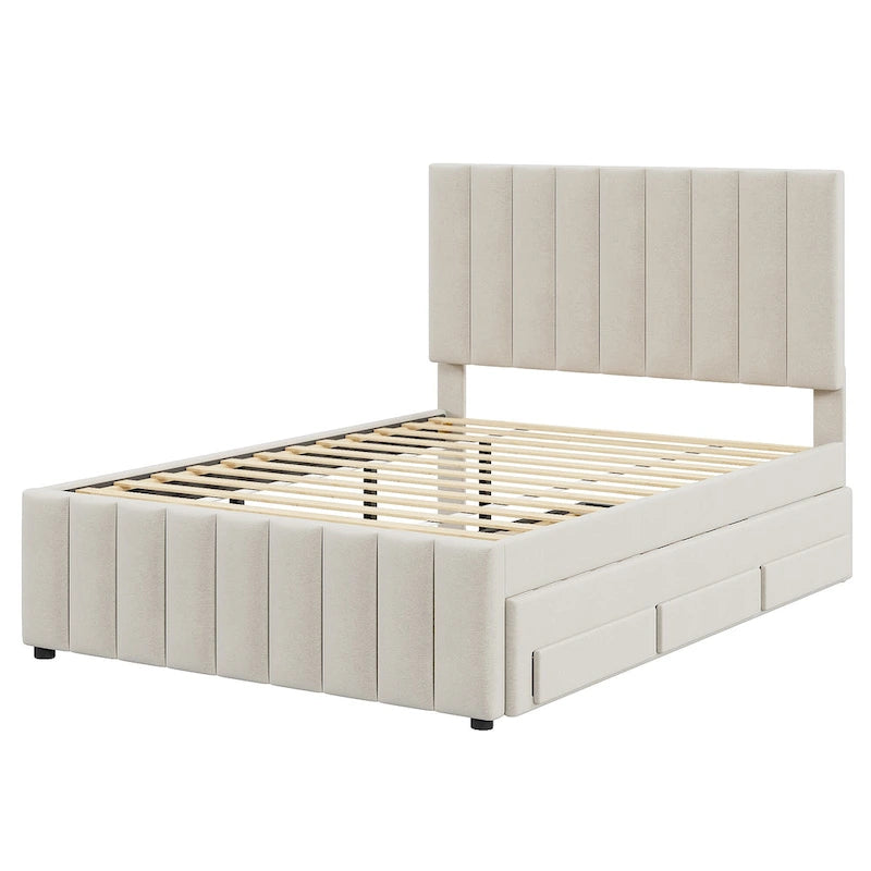 Lit plateforme rembourré en lin beige/gris avec tête de lit à rayures, lit gigogne et 3 tiroirs, Lit jumeau (1 personne) / Lit double (2 personnes)