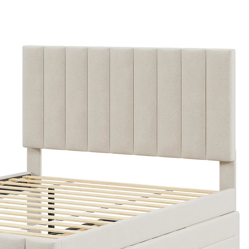 Lit plateforme rembourré en lin beige/gris avec tête de lit à rayures, lit gigogne et 3 tiroirs, Lit jumeau (1 personne) / Lit double (2 personnes)