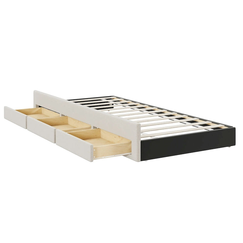 Lit plateforme rembourré en lin beige/gris avec tête de lit à rayures, lit gigogne et 3 tiroirs, Lit jumeau (1 personne) / Lit double (2 personnes)