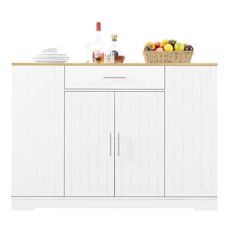 Îlot de cuisine moderne de style campagnard, blanc/bleu marine/noir, 134,6 cm, avec porte de grange, tiroir et meuble de poubelle encastré.
