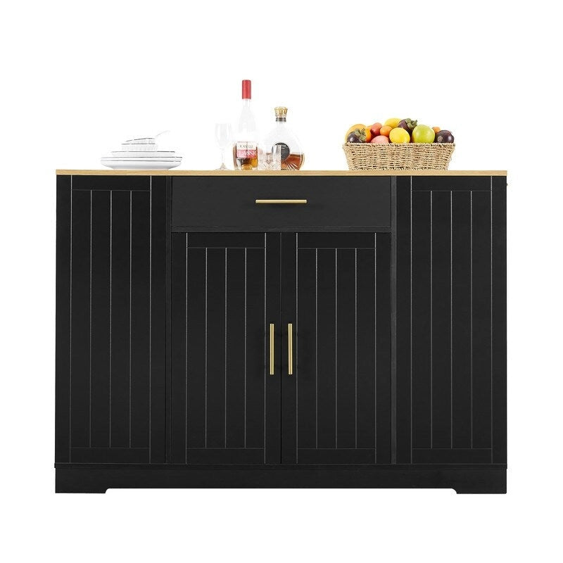 Îlot de cuisine moderne de style campagnard, blanc/bleu marine/noir, 134,6 cm, avec porte de grange, tiroir et meuble de poubelle encastré.
