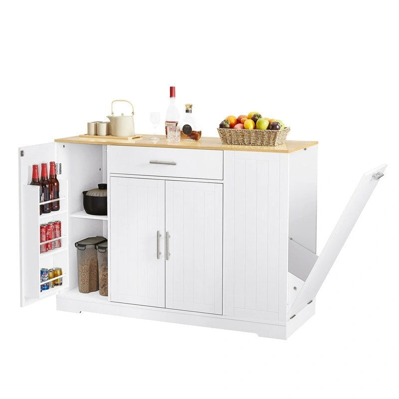 Îlot de cuisine moderne de style campagnard, blanc/bleu marine/noir, 134,6 cm, avec porte de grange, tiroir et meuble de poubelle encastré.